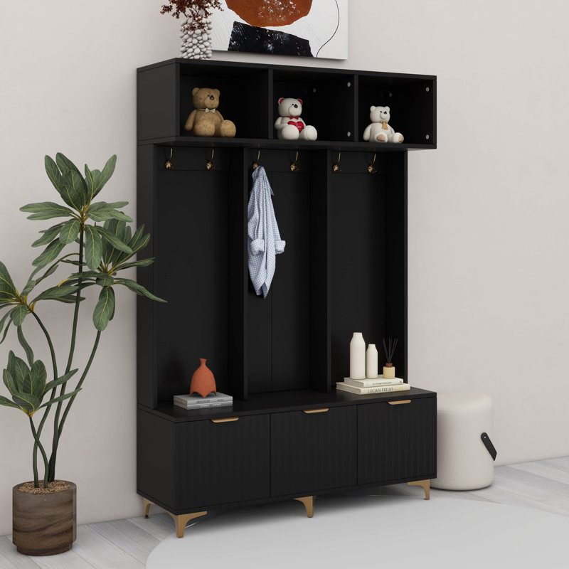 Grand portemanteau moderne avec banc, portemanteau et crochets, Noir
