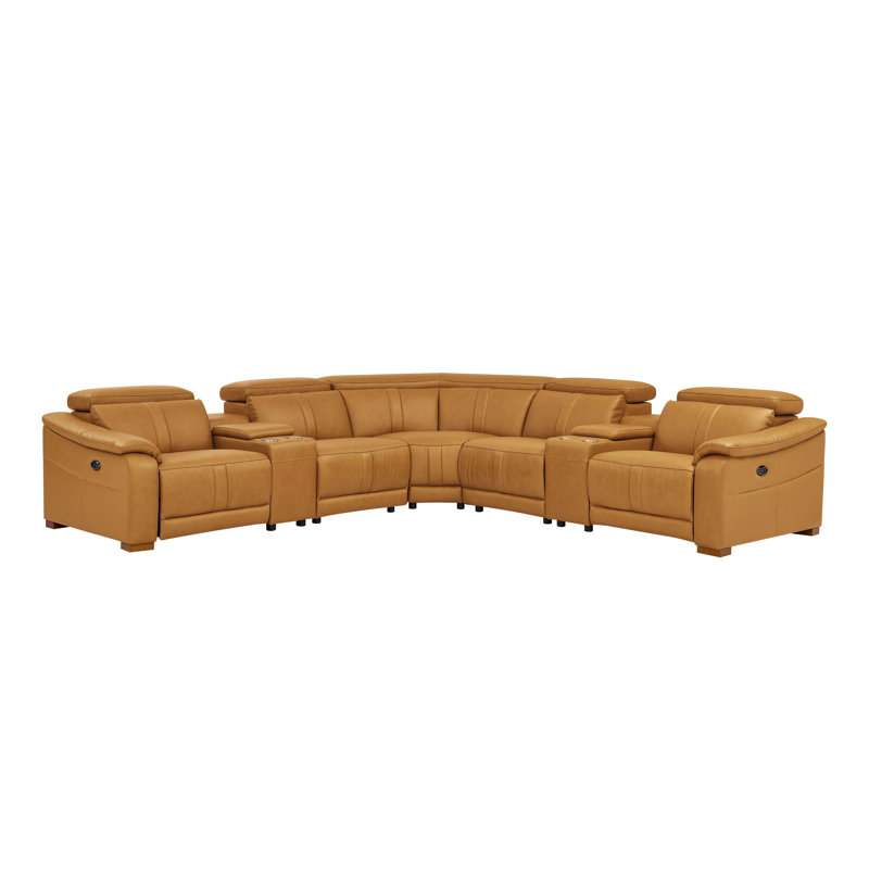 Canapé modulaire réglable en cuir avec sièges inclinables électriques et console de rangement - 5 sièges, similicuir gingembre, arrangement personnalisable, places assises
