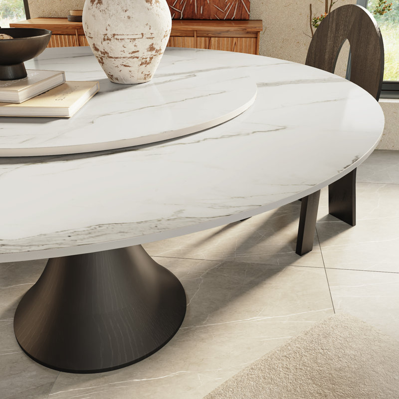 Table de salle à manger ronde à piédestal moderne avec plateau tournant et table de pierre durable Jacquetta, Blanc / Gris