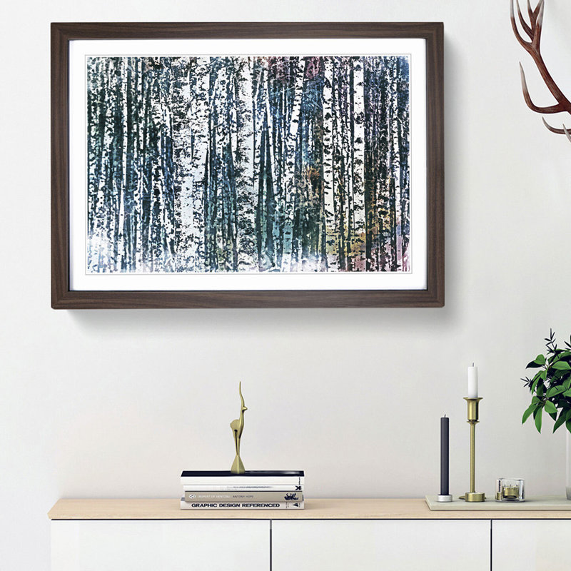 A Birch Tree Forest in Abstract - Picture Frame Painting Print, 36cm H x 48cm W x 2cm D, Walnut Framed