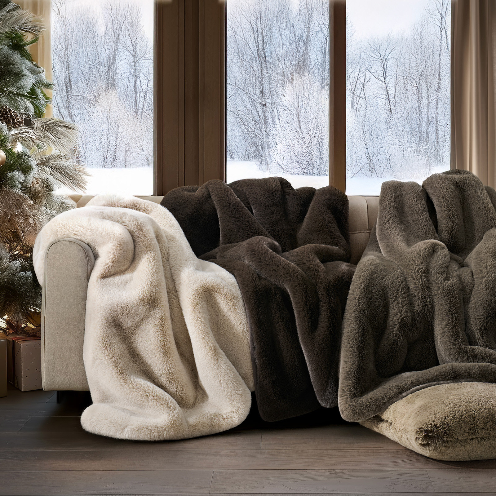 Chinchilla Faux Fur Throw Blanket, 90" L x 72" W, Birch Mink