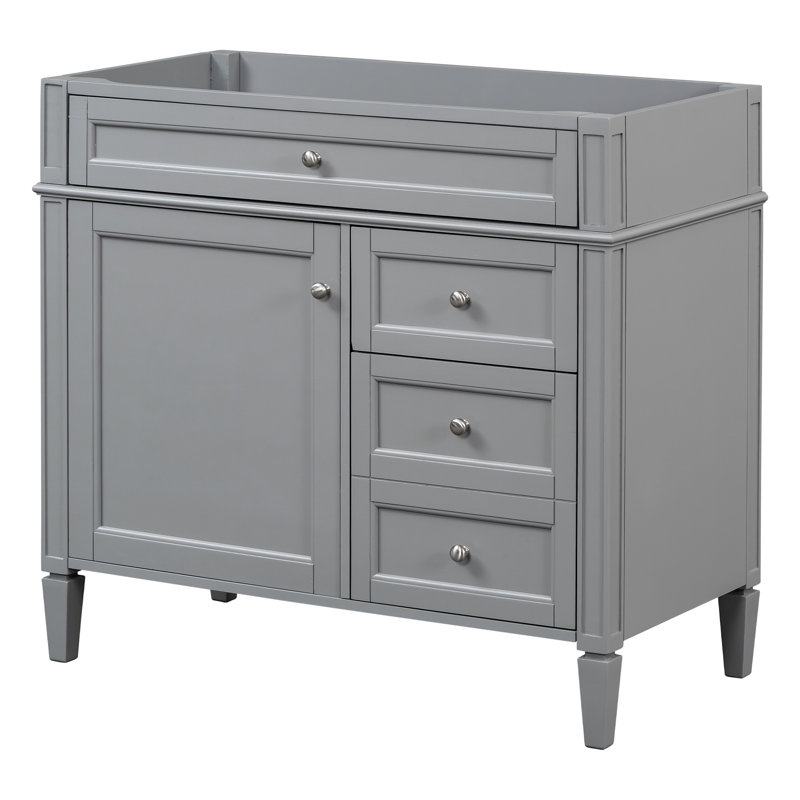 Meuble-lavabo 36 po, structure en bois massif, gris, 2 tiroirs et tiroir rabattable, élégant et pratique, Grey, Argent argent