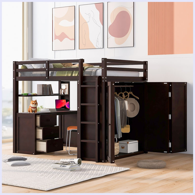 Lit mezzanine moderne avec tiroirs, bureau et garde-robe, Gris, Simple