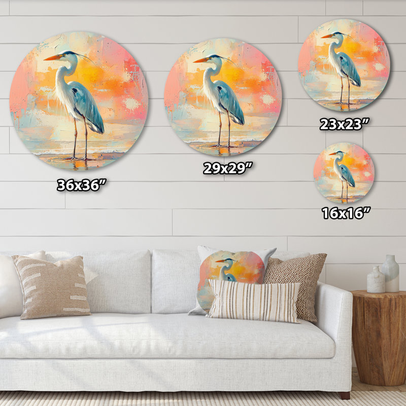 «Heron On The Shore - Heron», art mural rond en métal gris moderne, H 29 po x l 29 po