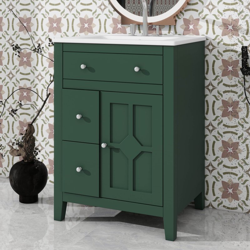 Armoire de salle de bain contemporaine 24 pouces avec lavabo en céramique 2 tiroirs et porte à fermeture en douceur, Vert