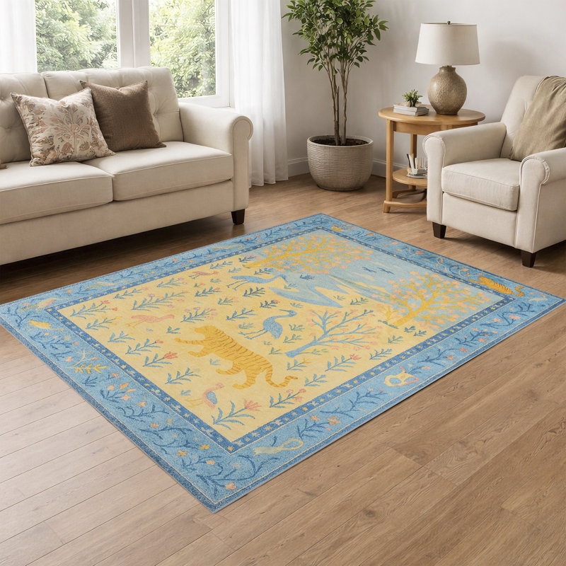 Machine Washable Boho Animal & Floral Area Rug Non-Slip Backing Blue/Beige/Pink Carpet for Living Room, Bedroom, Kids Room, Nursery
