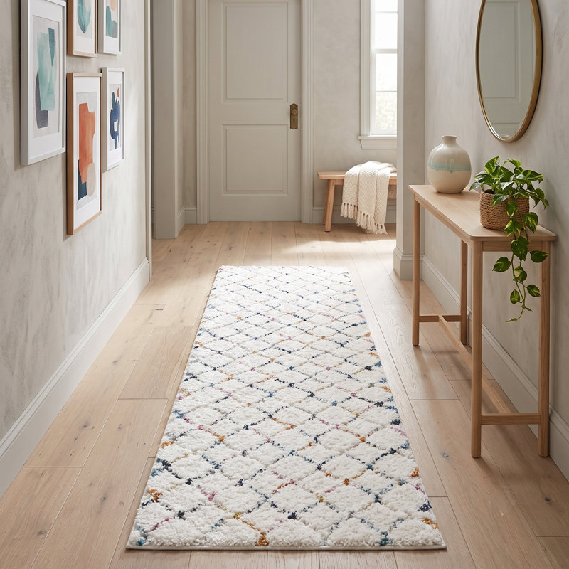 Tapis géométrique ivoire / bleu / vert Barden, Tapis de couloir 2 pi 7 po x 8 pi