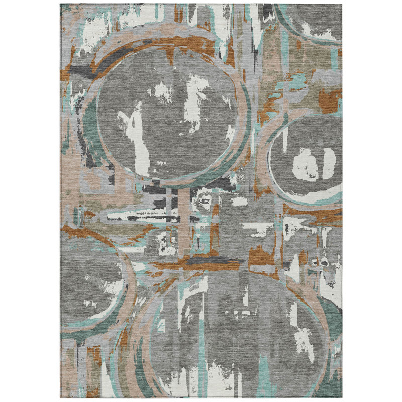 3' X 5' Gray Copper And Mint Green Geometric Washable Indoor Outdoor Area Rug