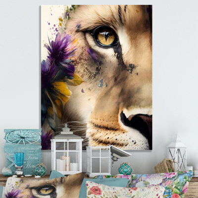 Demi-lion avec fleurs - reproduction sur toile