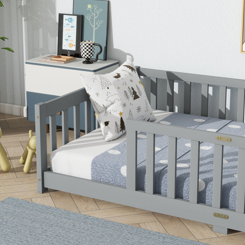 Twin Size Rubber Wood Floor Bed With Safety Guardrails & No Door, Gray