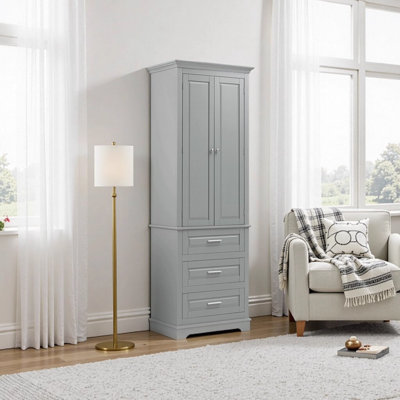 Tall 3-Drawer Storage Cabinet with Adjustable Shelves - Grey MDF Bathroom/Office Organizer, Anti-Tipping Design