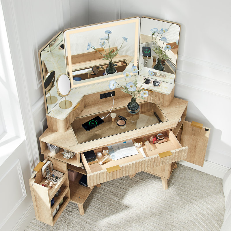 48'' Fluted Makeup Vanity Desk With Hd Triple Mirror And Lights,large Lighted Corner Vanity With Glass Top, Modern Dressing Table With Outlets