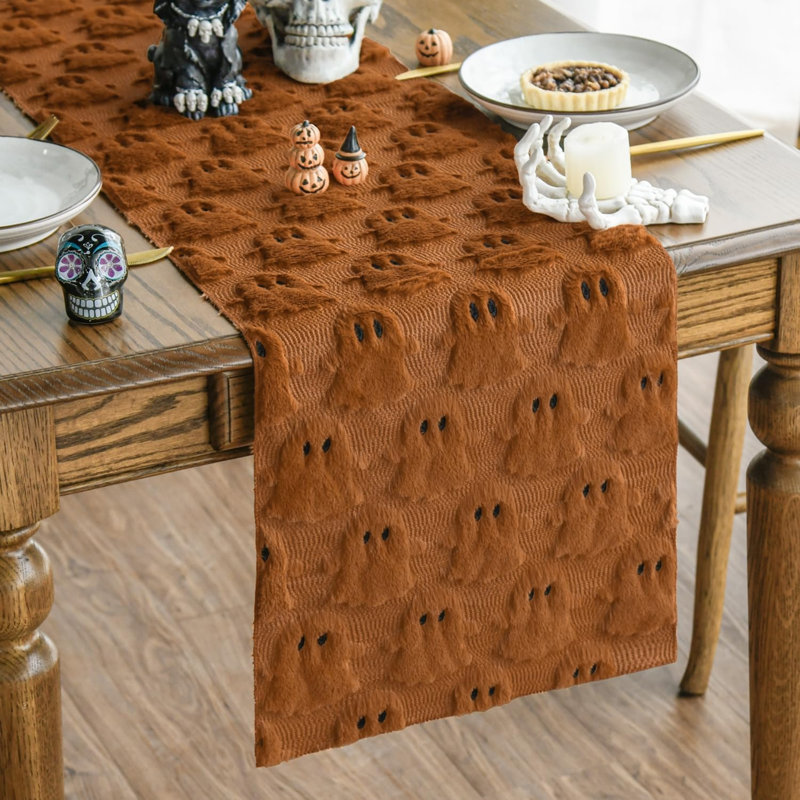 Soft Faux Fur Caramel Ghost Halloween Table Runner 33x183 cm | Seasonal Plush Fall Kitchen Dining Table Decoration for Home Party Decor