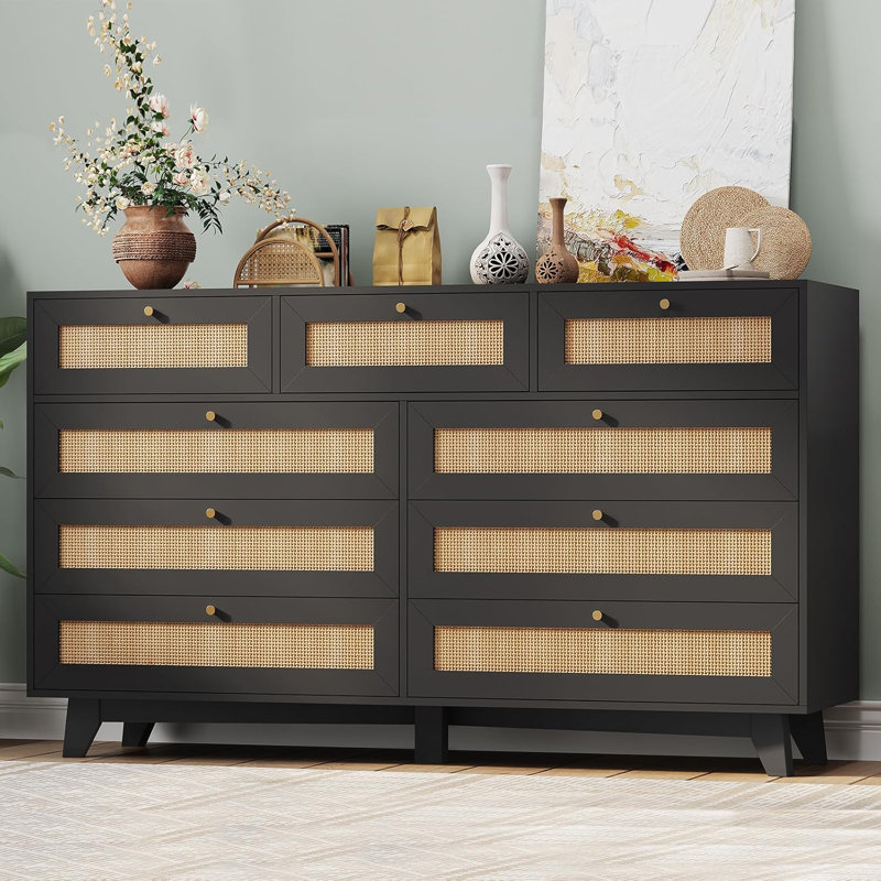  Commode 9 tiroirs Rattan, Noir