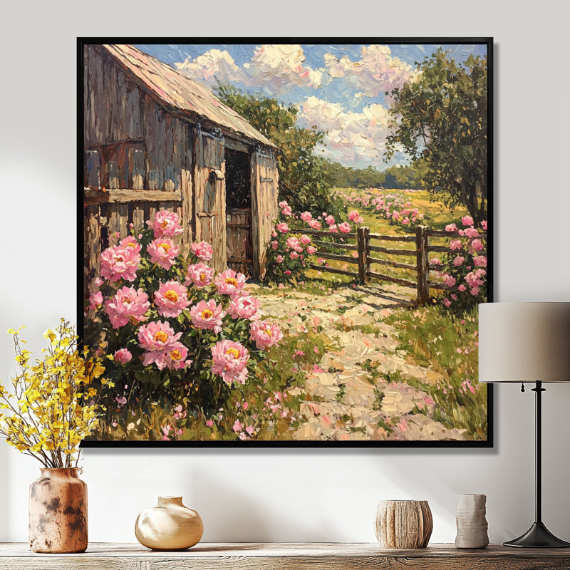 Demaio, pivoines par l'étable II - art mural pivoines, Impression encadrée flottante, Noir, noir, noir, noir