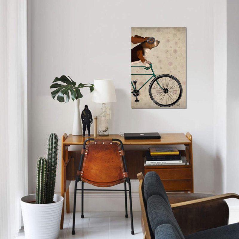 Impression sur toile tendue Fab Funky «Basset Hound on Bicycle», H 12 po x l 8 po x P 0,75 po, Toile tendue, Pas de tapis