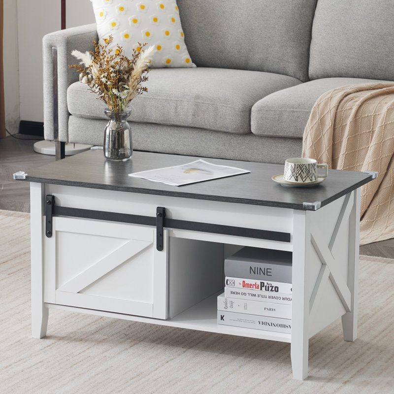 Table basse avec plateau relevable et rangement, Blanc, Gris