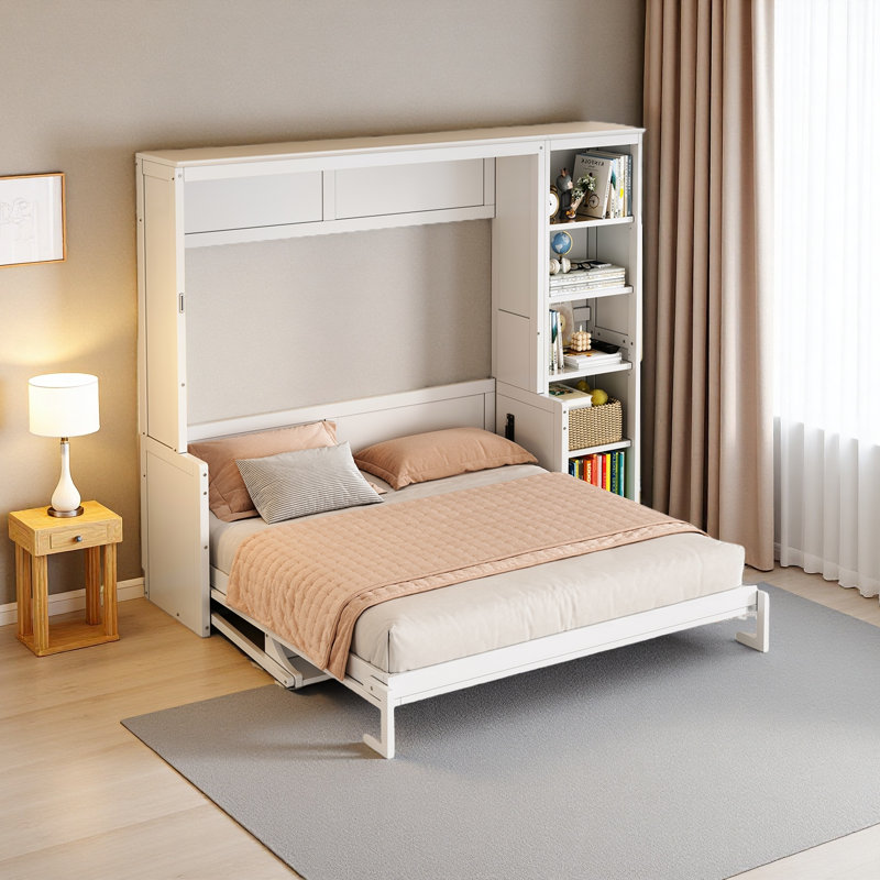 Lit escamotable avec bureau et bibliothèque Murphy, Blanc, Grand lit