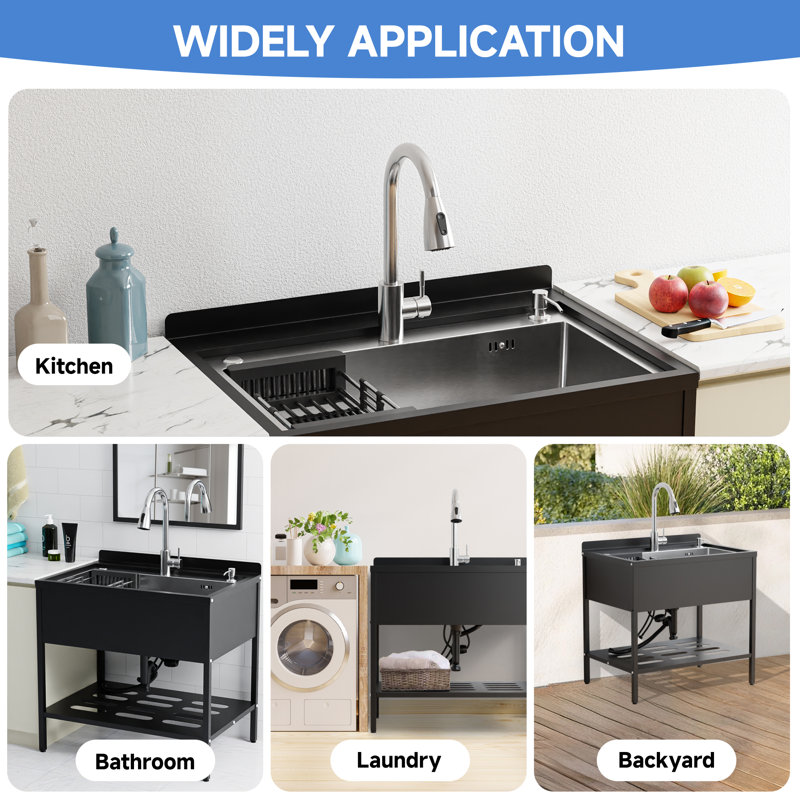 32 In. W X 22 In. D Freestanding Utility Sink In Back With Pull-out Faucet