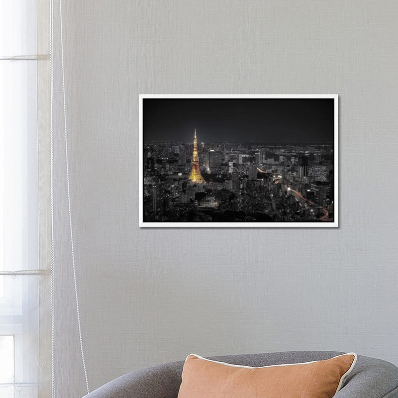 Tokyo At Night by Carlos Ramirez - Print on Canvas, 45.72cm H x 66.04cm W x 3.81cm D, White Floater Framed