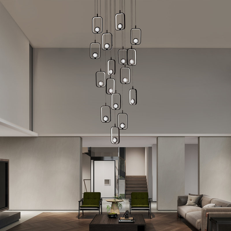 Pawnee 16-Light Black Cylinder Chandelier with Crystal Balls, Dimmable LED Lights & Remote Control for High Ceilings