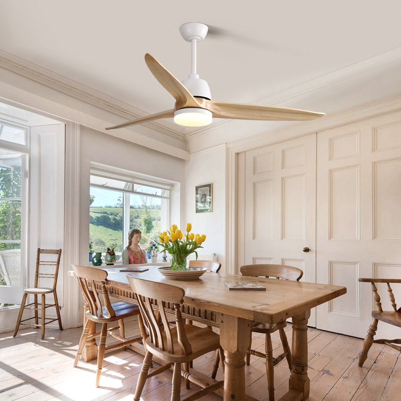   Kemp 56" 3-Solid Wood Blade Propeller Ceiling Fan with Remote Control and LED Light Kit, White with Burlywood Blades