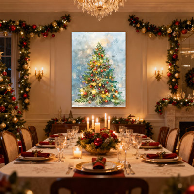 Christmas Christmas Tree With Colourful Ornaments And Lights Set of 3 Canvas Wall Art Prints