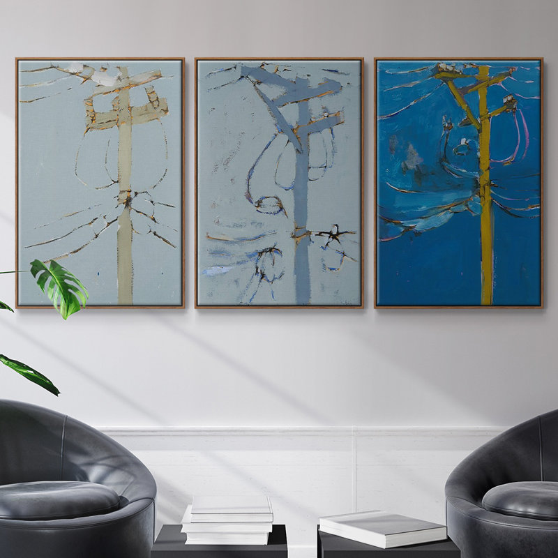 Wires IV encadré sur toile 3 pièces, H 36 po x l 72 po x P 2 po, Cadre noyer
