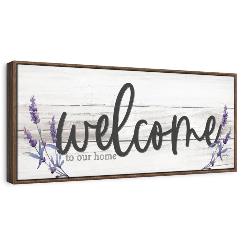 Plaque murale "Welcome to our home" lavande, 57 po x 19 po, Cadre flottant noyer