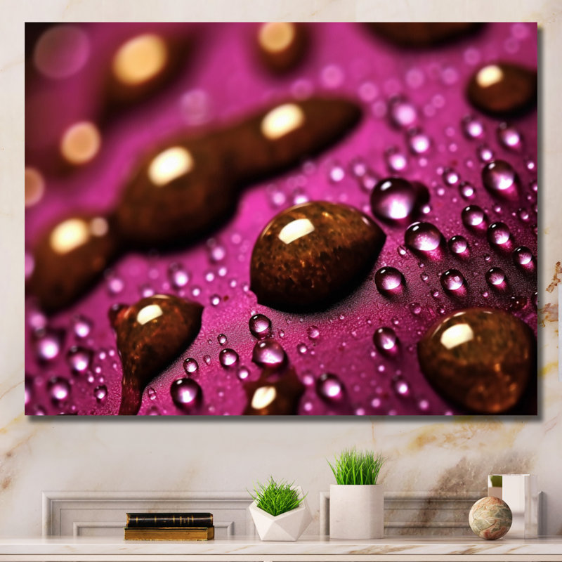 Mauve rose avec gouttes de pluie I sur toile, H 16 po x l 32 po x P 1 po, Toile tendue