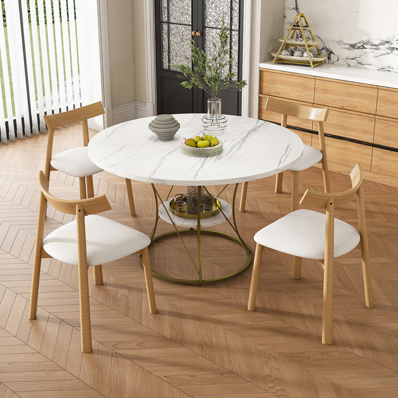 Ensemble de table de salle à manger, table de salle à manger extensible ronde avec base en métal, 4 chaises à structure en bois