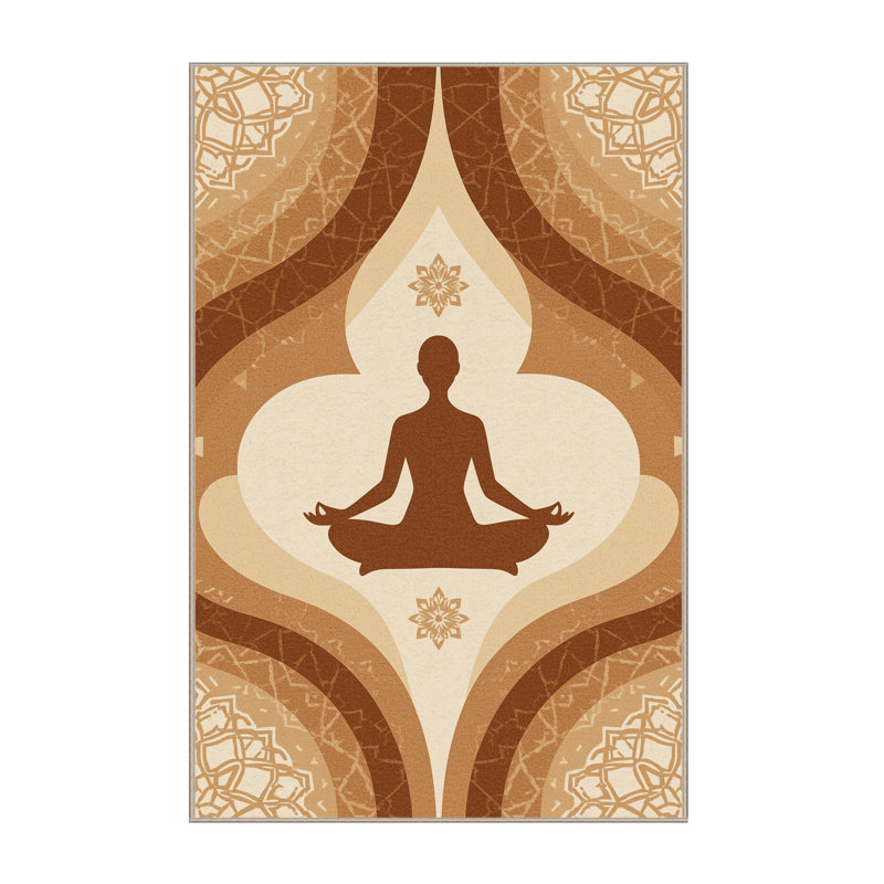 Machine Washable Paizley Lotus Meditation Pose Global Inspired Moroccan Rug in Brown – Beige Binding, 4x6