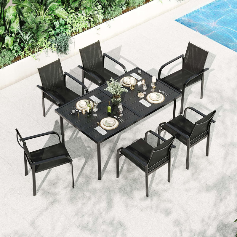 7 - Piece Patio Dining Set for 6: 55" Rectangle Table + 6 Textilene Chairs with Iron Armrests, Ideal for Lawn, Porch, Balcony, Poolside