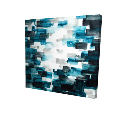 Toile abstraite turquoise et carrés gris - art mural de chambre à coucher