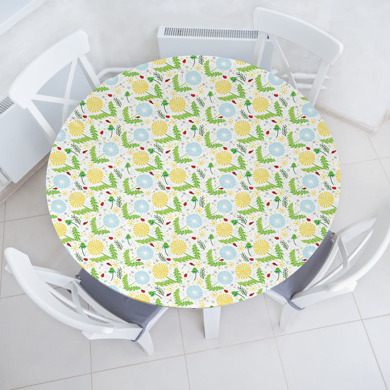 East Urban Home Dandelion Fitted Round Tablecloth Pale Blue Yellow, 51.97" Round