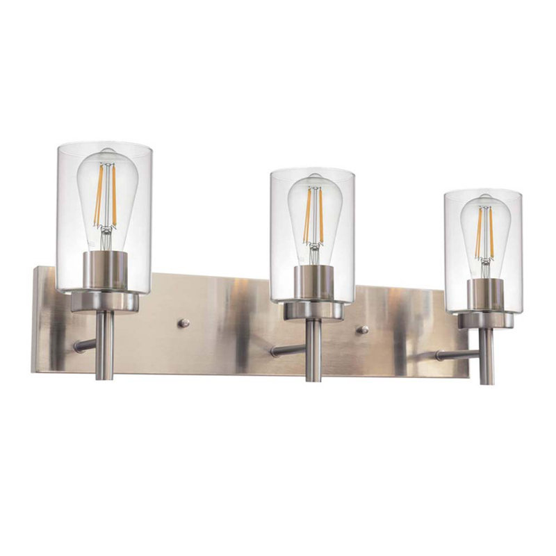 Éclairage pour salle de bain 3 lumières en nickel brossé avec abat-jour en verre transparent Sherron