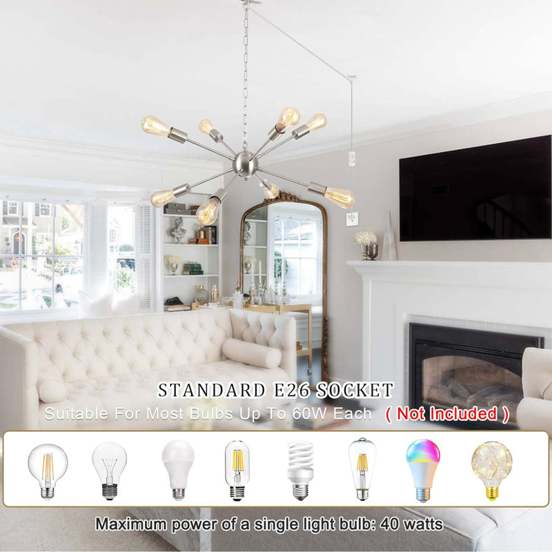  Pushkar 8 - Light Modern Plug in Sputnik Sphere Chandelier with Cord & ON/OFF Switch for Dining Living Room Kitchen, Nickel