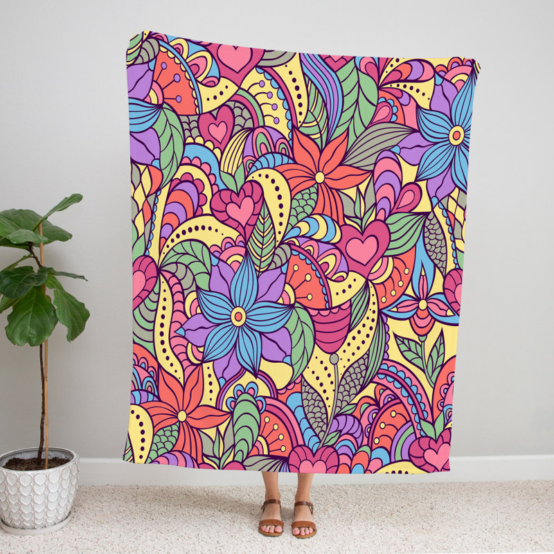 Throw Blanket, 68" W x 80" L, Floral/Abstract, Yellow/Purple/Blue