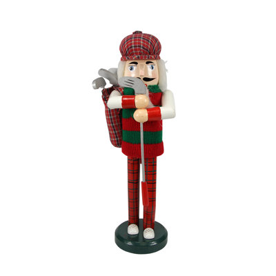 14" Red and Green Plaid Wooden Golfer Christmas Nutcracker