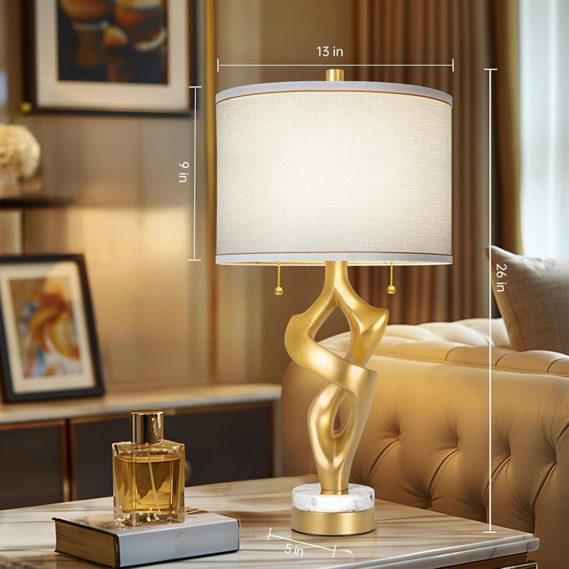 Ensemble de 2 lampes de table sculpturales avec ports de charge USB, base en marbre et interrupteur à chaîne, finition dorée et finition blanche