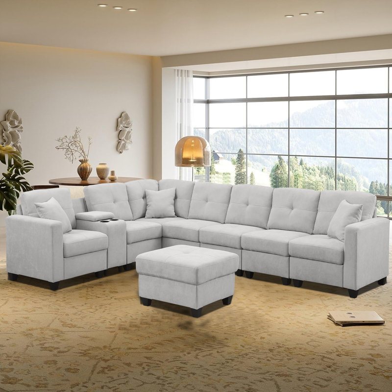 L-Shaped Sectional Sofa with Ottoman  Cup Holder USB Type-C Port  Storage Box  Light Grey U-Shaped Couch, Light Gray