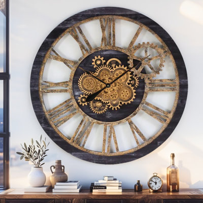 Wall Clock 36" Round Oversized for Living Room decor with Real Moving Gears America Collection