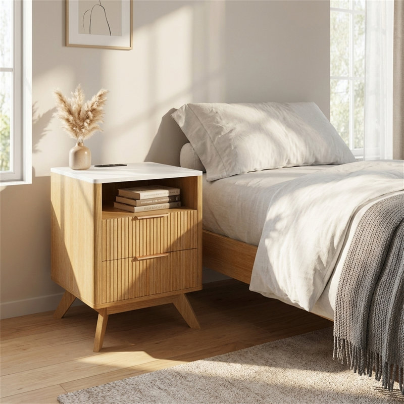 Modern Fluted Nightstand with Charging Station, Brown