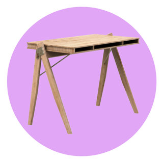 Light wood A-frame desk with a minimalist design on a lilac circular background.