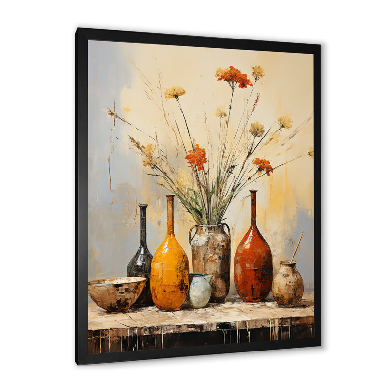 Élément décoratif de poterie florale jaune naturel I - Boho Pottery, Cadre simple noir, H 44 po x l 34 po x P 1,5 po