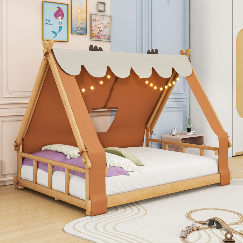 House Bed With Detachable Tent, Skylight And Roll-Up Curtains, Full, Brown