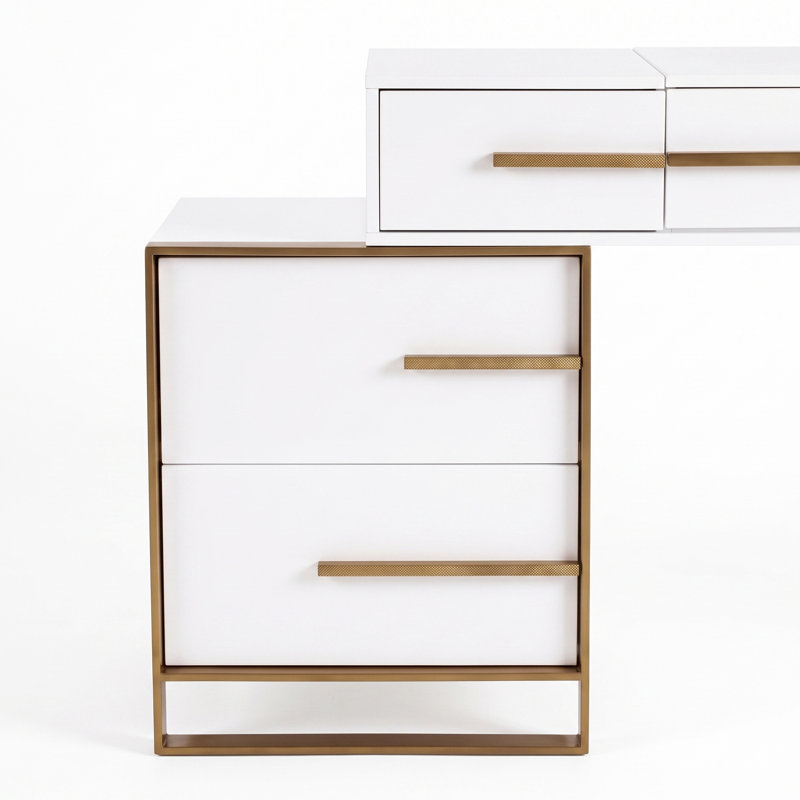 Bureau de coiffeuse extensible 47 po, coiffeuse moderne avec miroir rabattable et quatre tiroirs, coiffeuse avec table de chevet pour la chambre à coucher