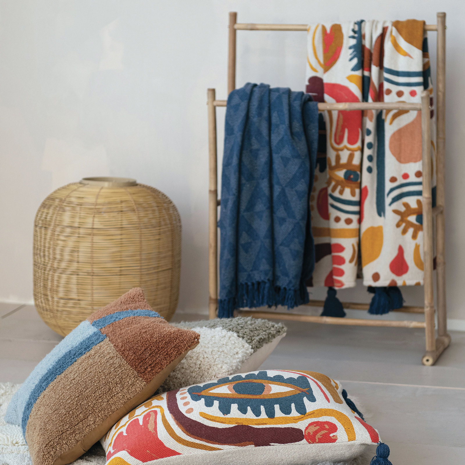 Garnett Cotton Blend Hand Woven Throw Blanket, Blue/Gray Diamond
