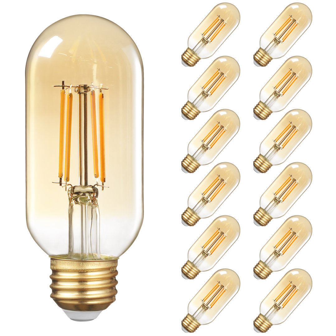 T45 LED Edison Bulb Dimmable, 4.5W Antique Tubular LED Bulbs, Amber Warm Glass, 2200K Soft White (Set of 12) TORCHSTAR
