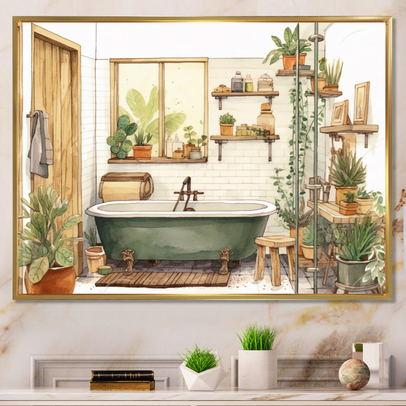 " Natural Bathroom Decor XI " Mixed Media and Color Photography Print, 24" H x 32" W, Gold Picture Framed